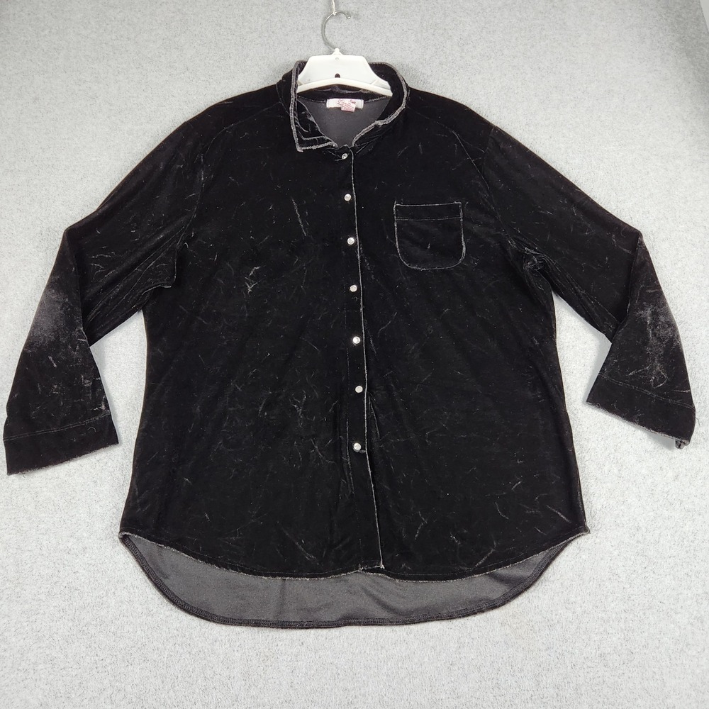 Zena Shirt Womens XL Black Velvet Stretch Casual Long Sleeve Collar Button Front